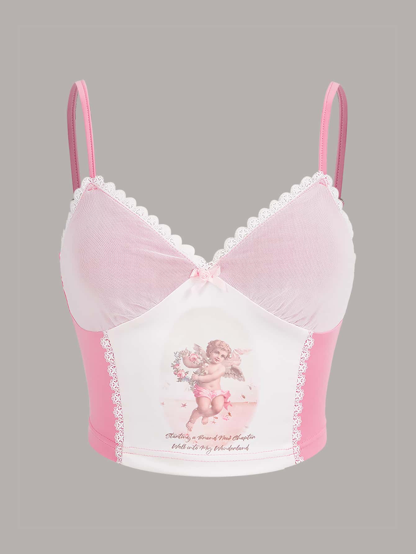 SHEIN ICON 人像圖案蕾絲邊前蝴蝶結吊帶上衣 - 彩色 - 查看 1