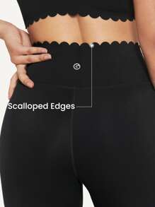 GLOWMODE 24" Yoga Leggings Scalloped Edges Waist Running Tights - Black - View 5