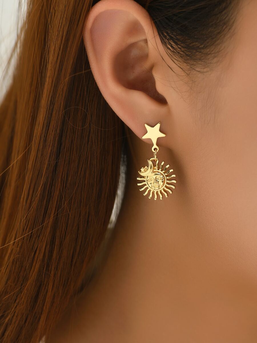 Star & Sun Drop Earrings - Yellow Gold - View 1