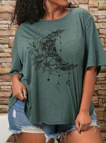 SHEIN CURVE+ 大碼印花落肩T恤 - 綠色 - 查看 2