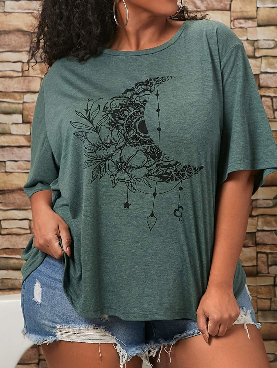 SHEIN CURVE+ 大碼印花落肩T恤