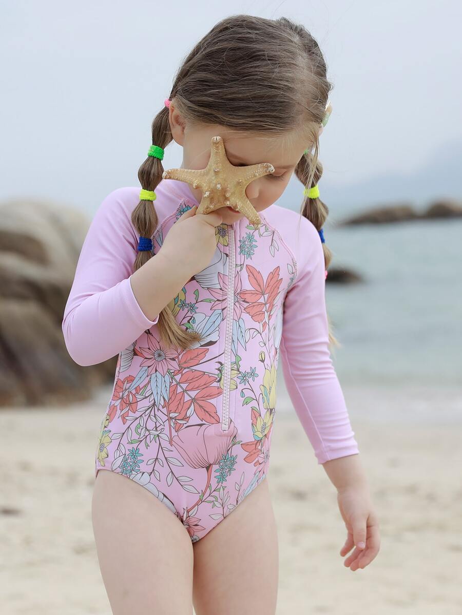 嬰兒女孩花卉印花拉鍊套頭連體泳衣