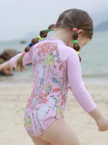 嬰兒女孩花卉印花拉鍊套頭連體泳衣