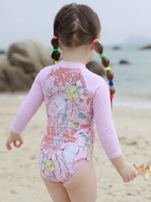 嬰兒女孩花卉印花拉鍊套頭連體泳衣