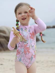 嬰兒女孩花卉印花拉鍊套頭連體泳衣