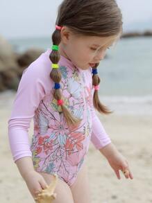 嬰兒女孩花卉印花拉鍊套頭連體泳衣