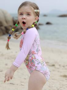 嬰兒女孩花卉印花拉鍊套頭連體泳衣