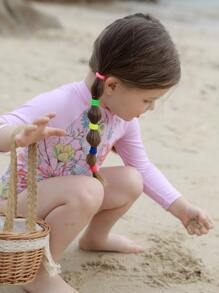 嬰兒女孩花卉印花拉鍊套頭連體泳衣