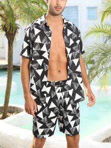 Manfinity Men Geo Print Shirt & Drawstring Waist Shorts - Black and White - View 1