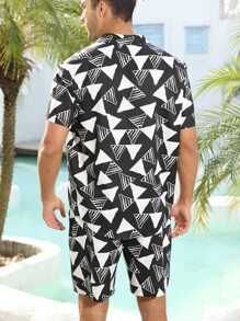 Manfinity Men Geo Print Shirt & Drawstring Waist Shorts - Black and White - View 2
