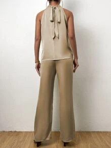 Chiquease unicolor Top halter & Pantalones acampanados - Caqui - Ver 2