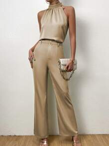 Chiquease unicolor Top halter & Pantalones acampanados - Caqui - Ver 4