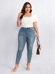SHEIN Essnce Áo thun Plus size màu trơn Giải trí - trắng - Xem 5