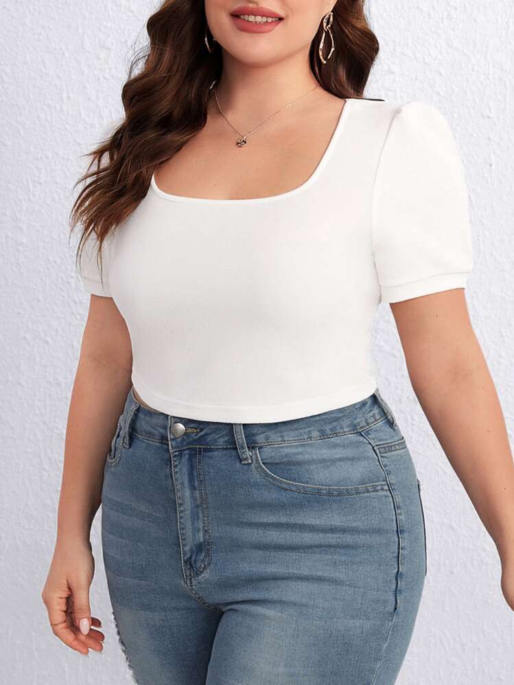 SHEIN Essnce เสื้อยืด พลัสไซซ์ สีพื้น คอเหลี่ยม - สีขาว - ดู 3