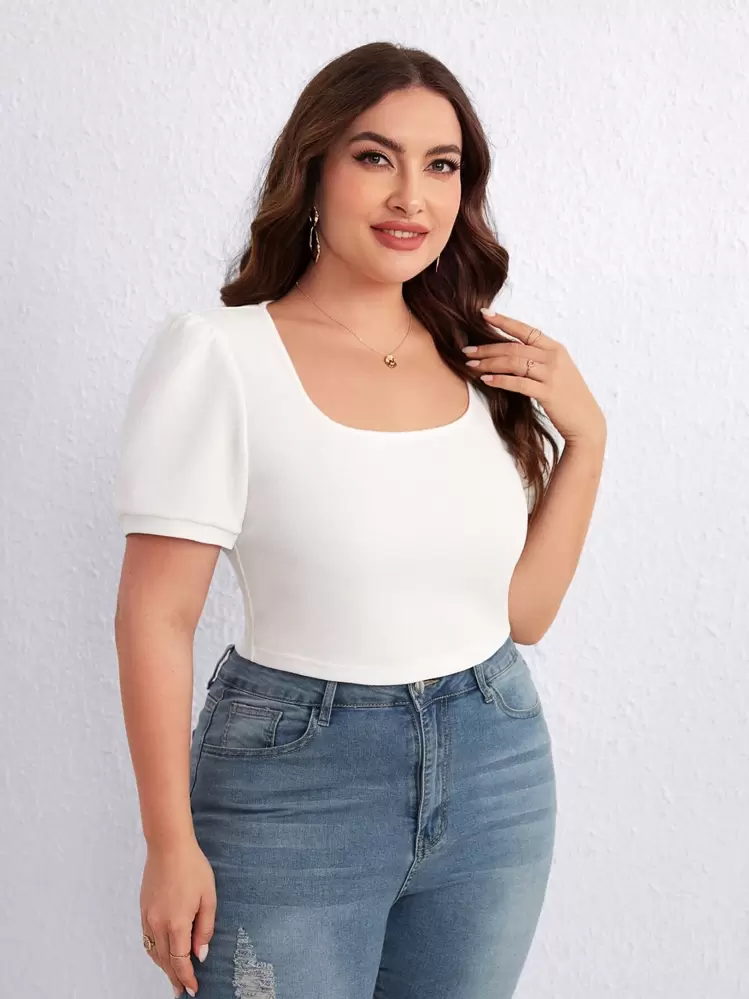 SHEIN Essnce เสื้อยืด พลัสไซซ์ สีพื้น คอเหลี่ยม - สีขาว - ดู 2
