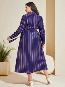 Mulvari Plus Striped Print Belted Dress - Navy Blue - View 2