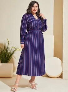 Mulvari Plus Striped Print Belted Dress - Navy Blue - View 3