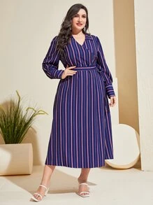Mulvari Plus Striped Print Belted Dress - Navy Blue - View 5