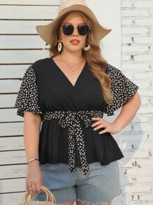 SHEIN LUNE Plus Polka Dot Belted Blouse - Black - View 1