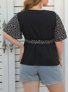 SHEIN LUNE Plus Polka Dot Belted Blouse - Black - View 2