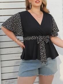 SHEIN LUNE Plus Polka Dot Belted Blouse - Black - View 3