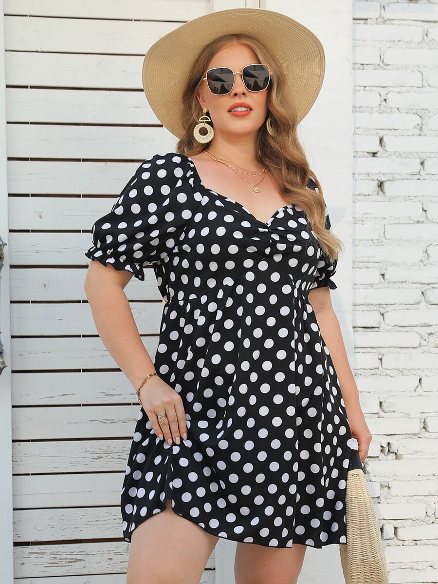 SHEIN LUNE Plus Polka Dot Sweetheart Neck Puff Sleeve Ruched Front Dress - Black - View 1