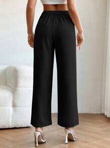 SHEIN PETITE 高腰褶饰直筒黑色裤子 - 黑色 - 查看 2