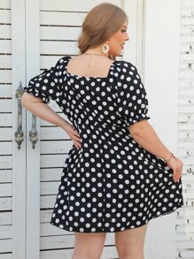 SHEIN LUNE Plus Polka Dot Sweetheart Neck Puff Sleeve Ruched Front Dress - Black - View 2