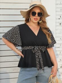 SHEIN LUNE Plus Polka Dot Belted Blouse - Black - View 5