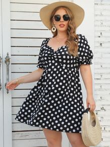 SHEIN LUNE Plus Polka Dot Sweetheart Neck Puff Sleeve Ruched Front Dress - Black - View 3