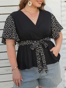 SHEIN LUNE Plus Polka Dot Belted Blouse - Black - View 6