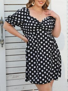 SHEIN LUNE Plus Polka Dot Sweetheart Neck Puff Sleeve Ruched Front Dress - Black - View 6