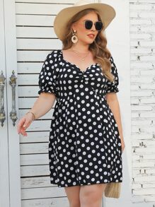 SHEIN LUNE Plus Polka Dot Sweetheart Neck Puff Sleeve Ruched Front Dress - Black - View 7