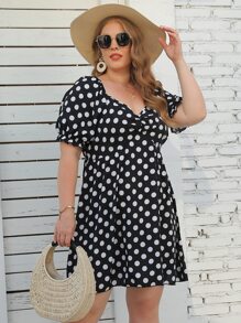 SHEIN LUNE Plus Polka Dot Sweetheart Neck Puff Sleeve Ruched Front Dress - Black - View 8