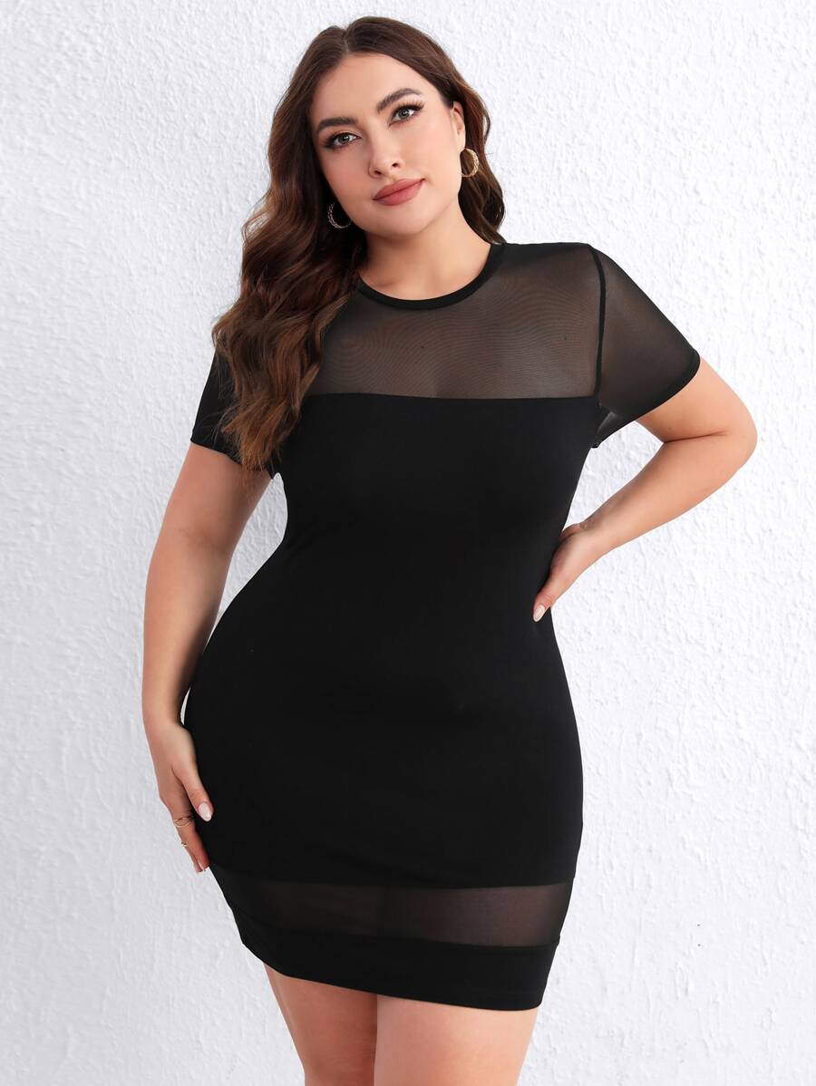 SHEIN Privé Đầm Plus Size Tương phản Mesh màu trơn Thanh lịch - màu đen - Xem 1