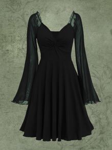 ROMWE Fairycore Contrast Mesh Twist Front Dress - Black - View 1