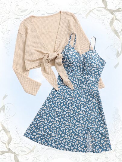 Kawaii 2 pièces/Set Robe mini avec imprimé floral épars et veste courte pour femmes