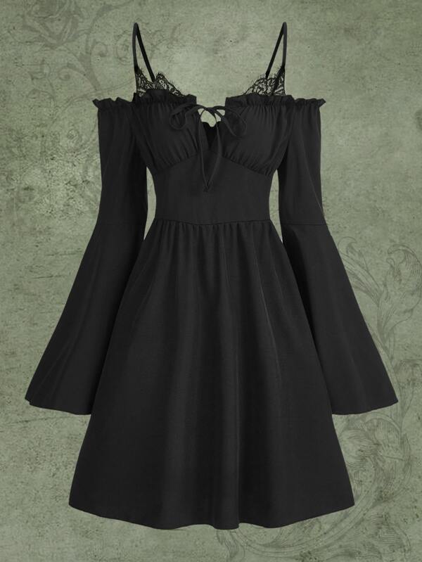 Fairycore Solid Frill Trim Tie Front Dress SHEIN UK