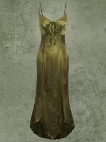 ROMWE Fairycore Jacquard Knot Front High Low Hem Satin Cami Dress - Olive Green - View 1