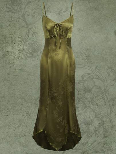 Fairycore Jacquard Knot Front High Low Hem Satin Cami Dress