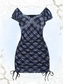 ROMWE Kawaii 格紋蕾絲拼接抽繩洋裝 - 彩色 - 查看 1