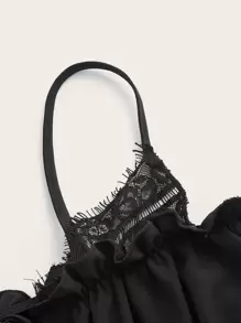 ROMWE Fairycore Solid Frill Trim Tie Front Dress - Black - View 3