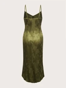 ROMWE Fairycore Jacquard Knot Front High Low Hem Satin Cami Dress - Olive Green - View 2