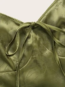 ROMWE Fairycore Jacquard Knot Front High Low Hem Satin Cami Dress - Olive Green - View 4