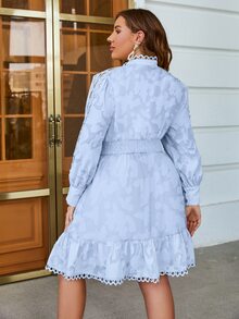 Simplee Plus Guipure Lace Insert Ruffle Hem Dress - Blue - View 2