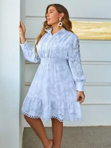 Simplee Plus Guipure Lace Insert Ruffle Hem Dress - Blue - View 3