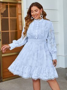 Simplee Plus Guipure Lace Insert Ruffle Hem Dress - Blue - View 5