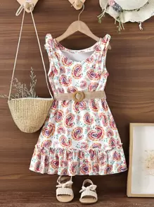 小女童佩斯利印花肩部蝴蝶結荷葉邊洋裝