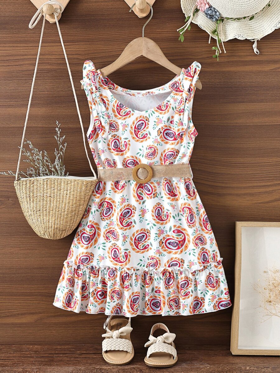 小女童佩斯利印花肩部蝴蝶結荷葉邊洋裝