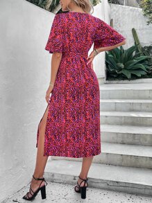 Breezaya Allover Print Butterfly Sleeve Split Thigh Dress - Red - View 2